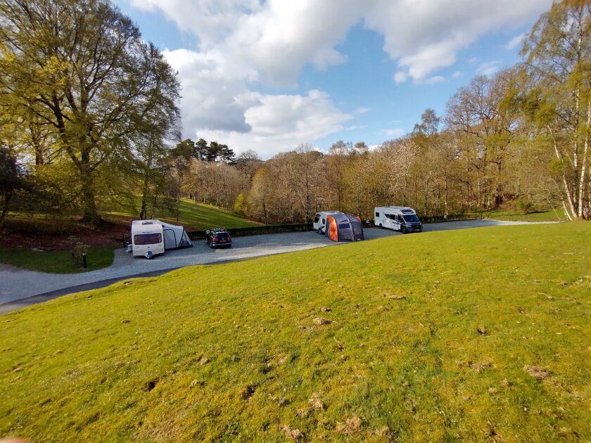 caravan motorhome pitches in sun at Skelwith
